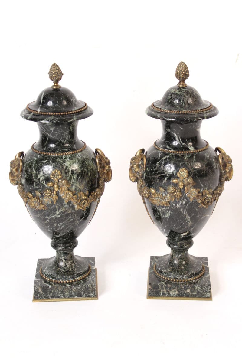 Pair of Louis XVI style marble and bronze urns