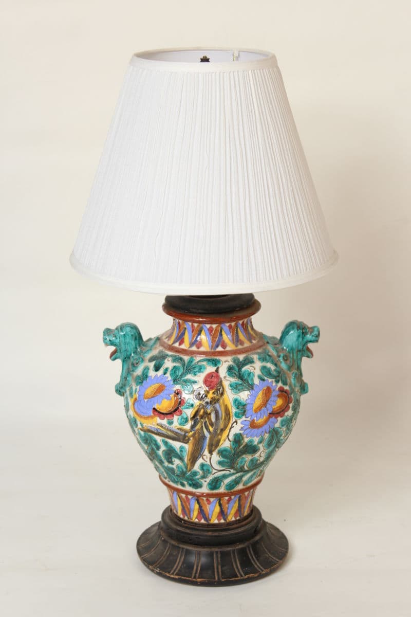 Polychrome decorated majolica lamp