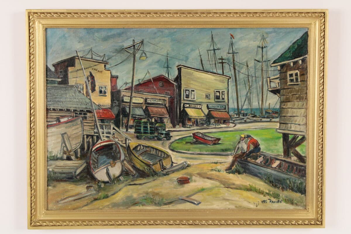 painting of a fishing village by Viki Rakoff