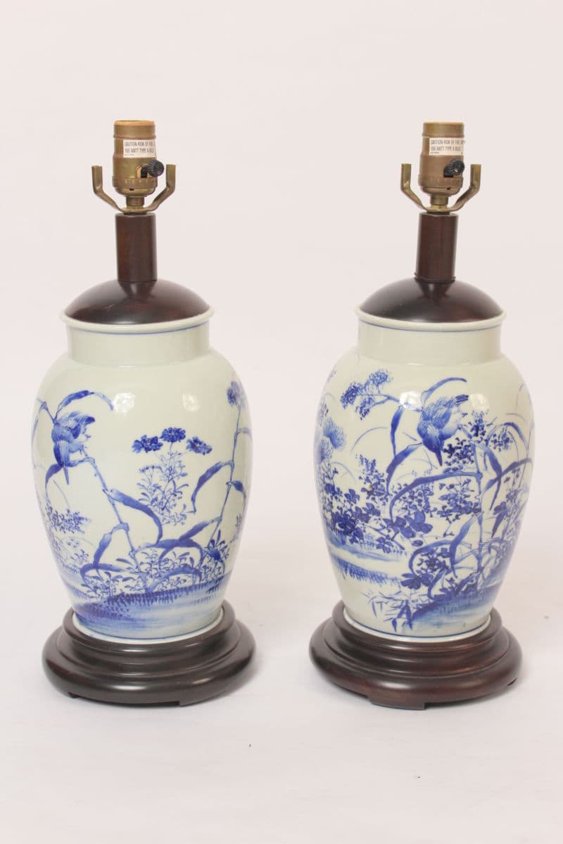 Pair of Asian blue and white porcelain lamp bases
