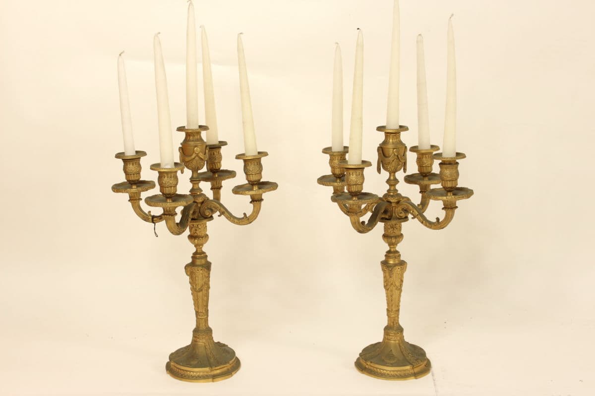 Pair of Louis XVI style gilt bronze 5 light candelabra