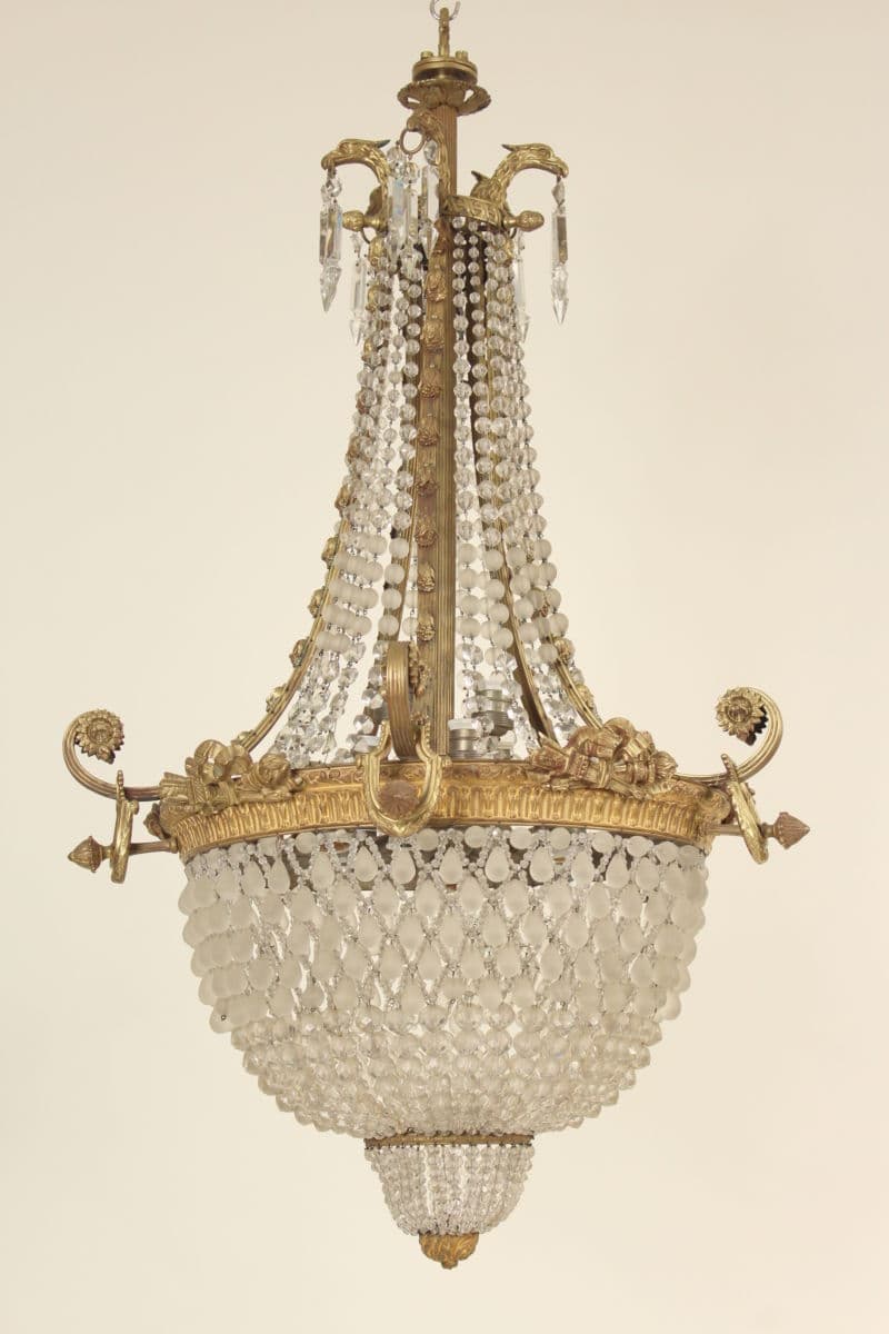 Neo classical style gilt bronze and crystal chandelier