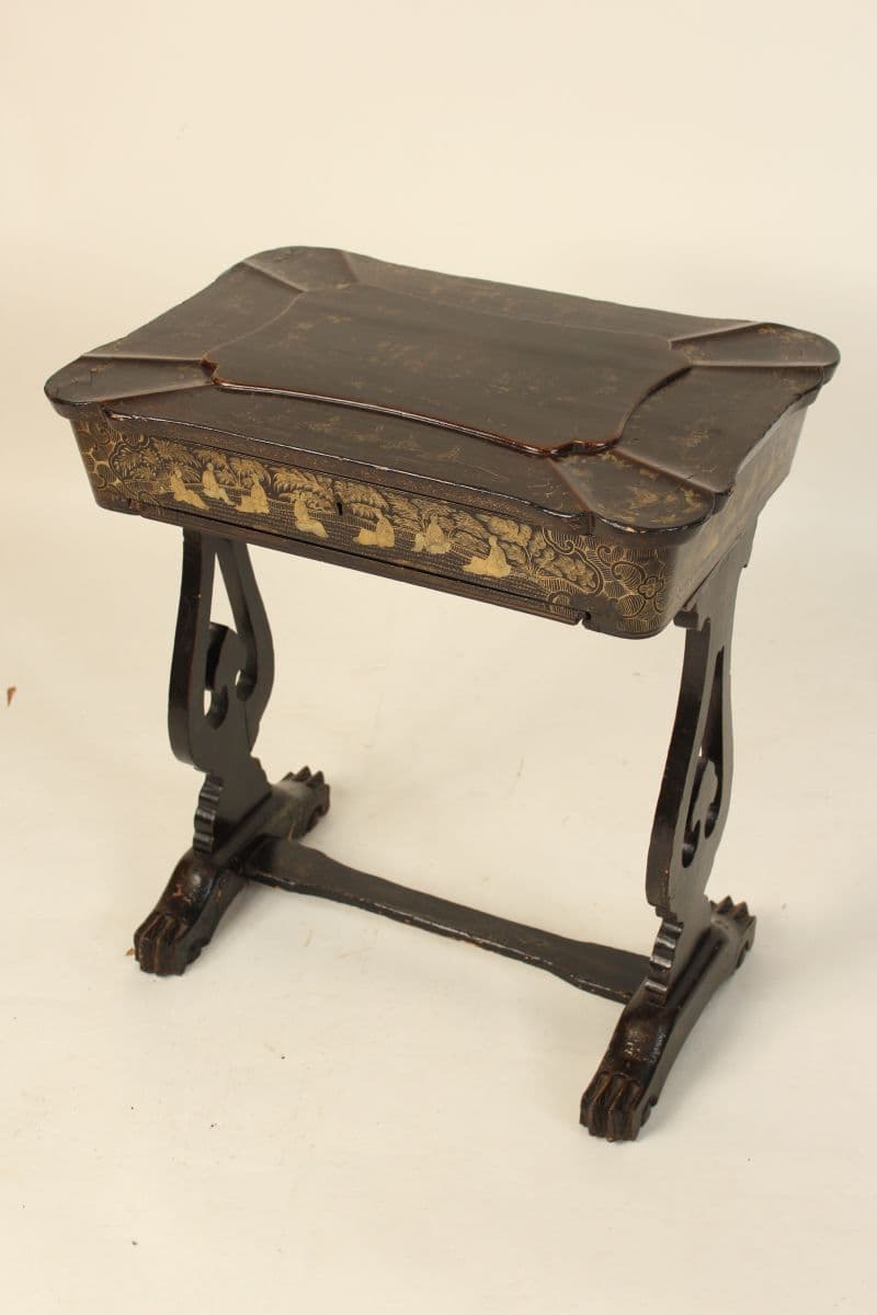 Chinese export black lacquer and gilt decorated sewing / occasional table