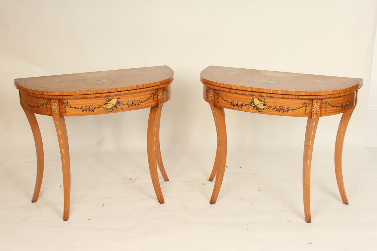Pair of English Edwardian style painted satinwood games tables