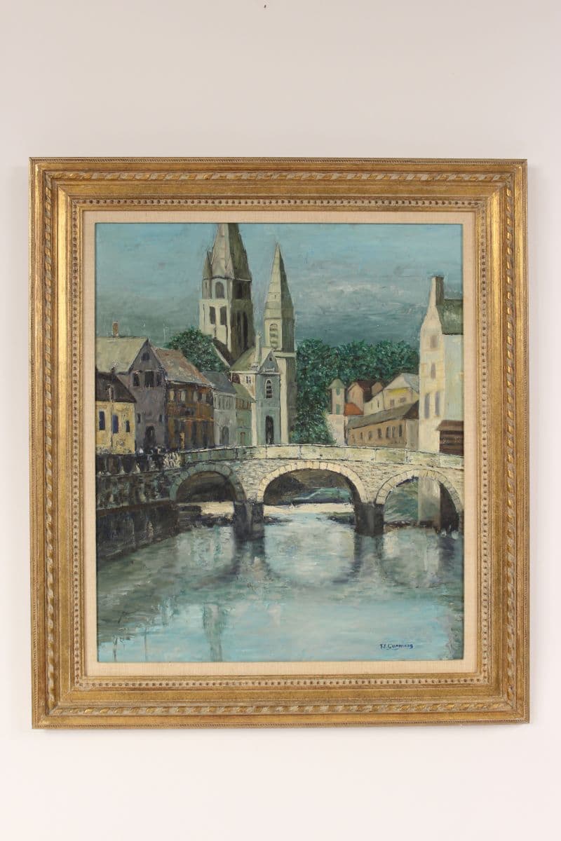 European village painting signed T. E. Cummings