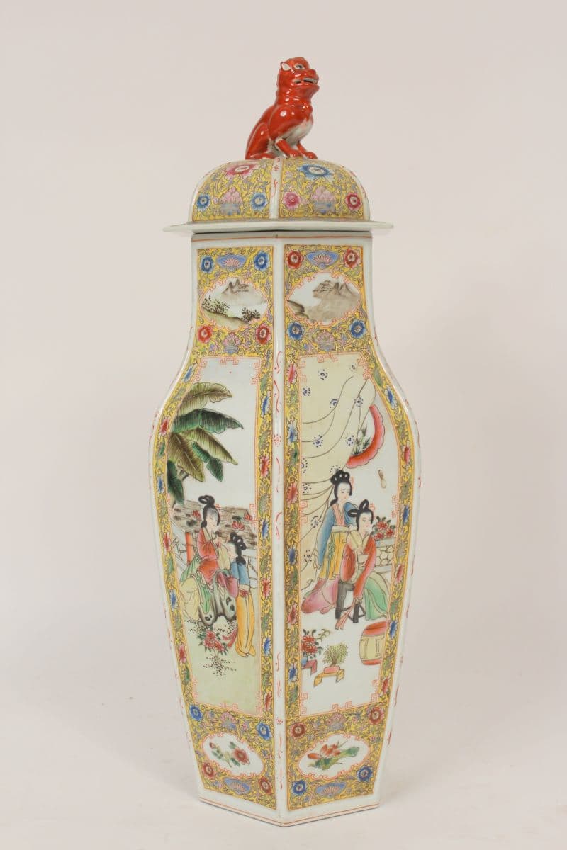 Chinese polychrome decorated porcelain covered vase