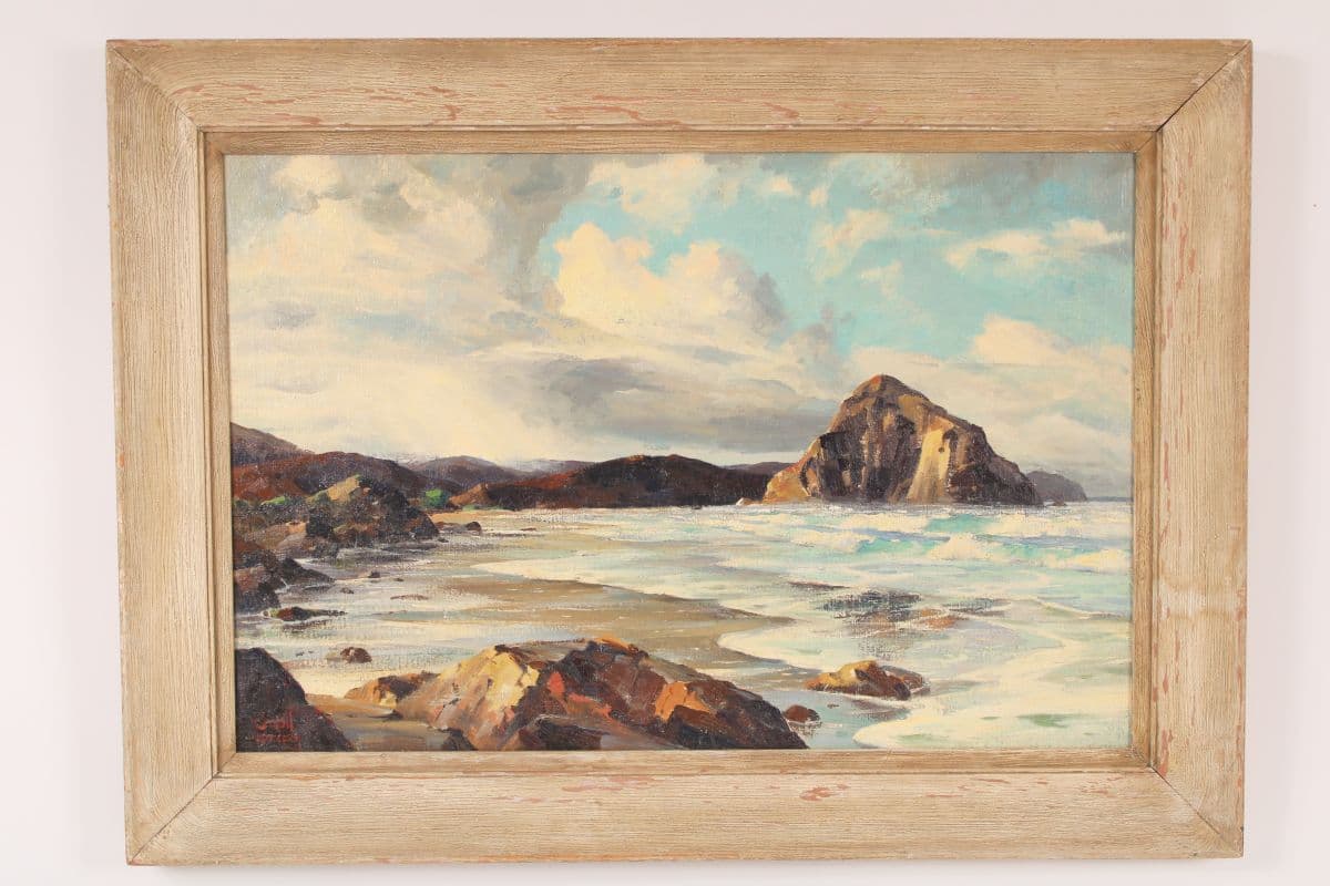 California Coastal Painting of Morro Bay by Bennett Bradbury (1914-1991).