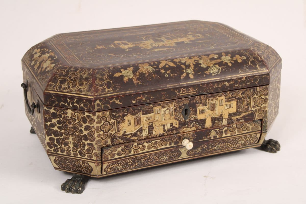 Chinese black lacquer and gilt decorated sewing box