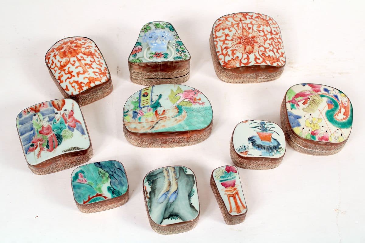 Group of 10 Chinese porcelain and metal boxes