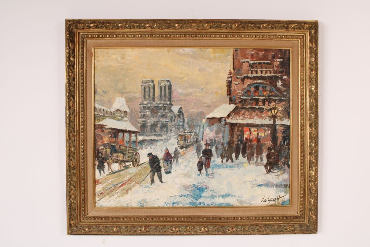 Parisian winter scene painting signed Le Scott