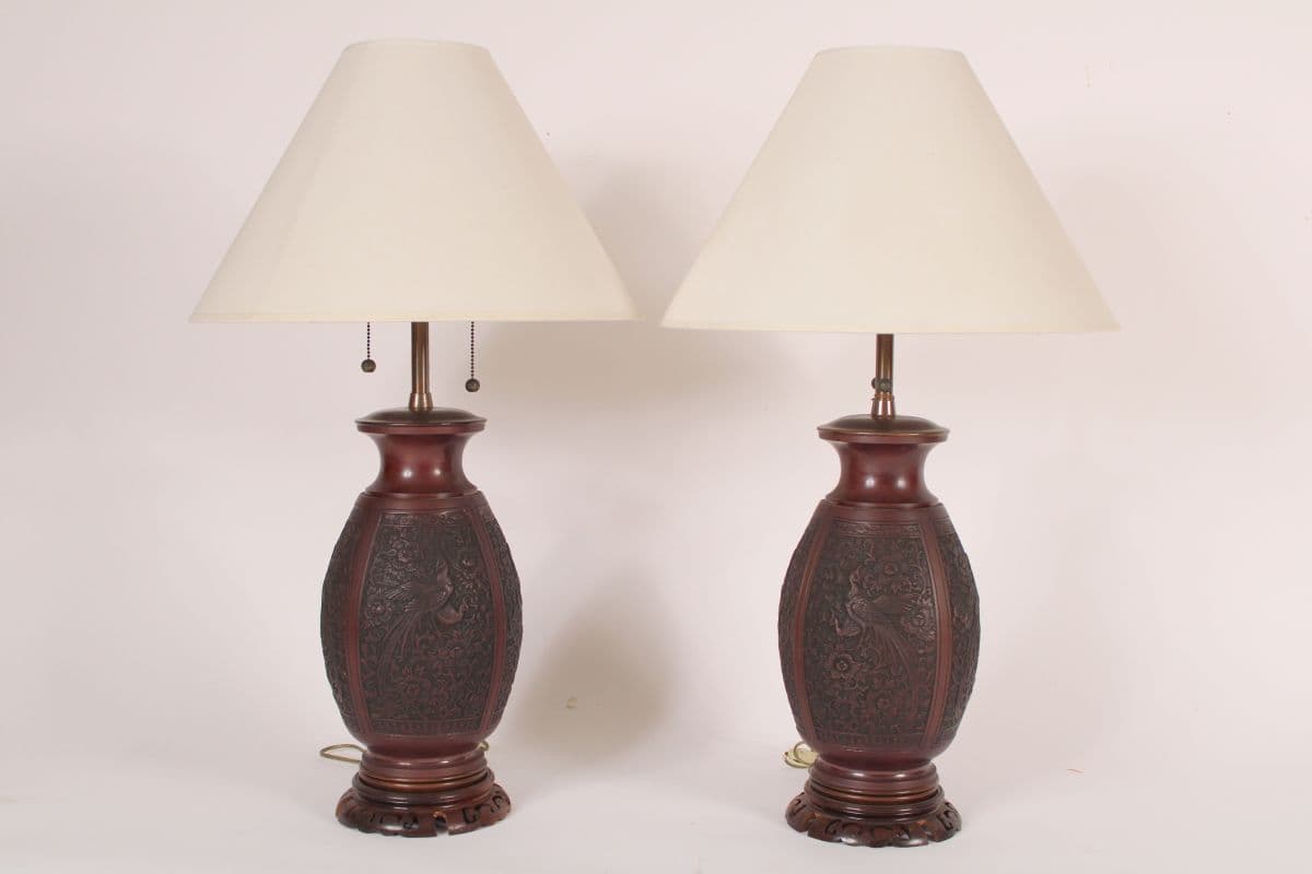 Pair of bronze Chinese style Marbro lamps