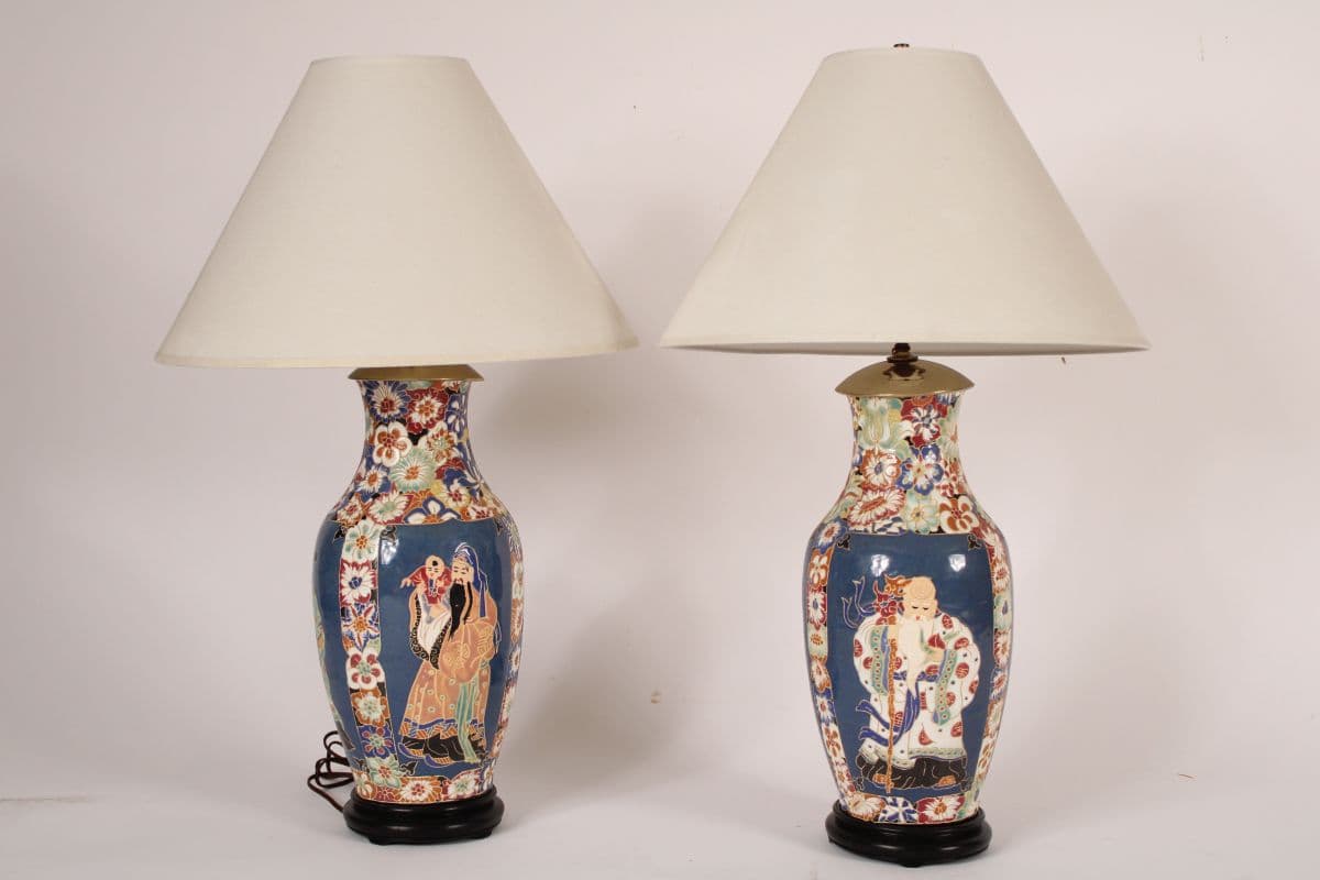Pair of Japanese polychrome decorated earthenware table lamps