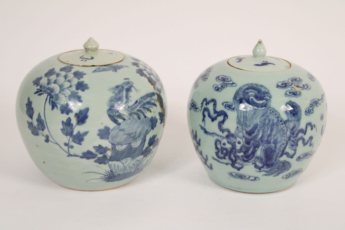 Pair of Chinese blue and white covered jars