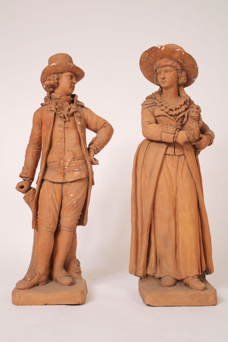 Pair of 33″ Tall Terra Cotta Statues
