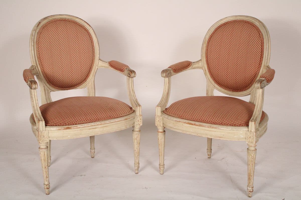 Pair of Louis XVI Style Grisaille Painted Armchairs