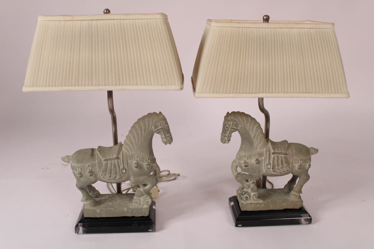 Pair of Tang Style Chinese Stone Carved Horse Form Lamps
