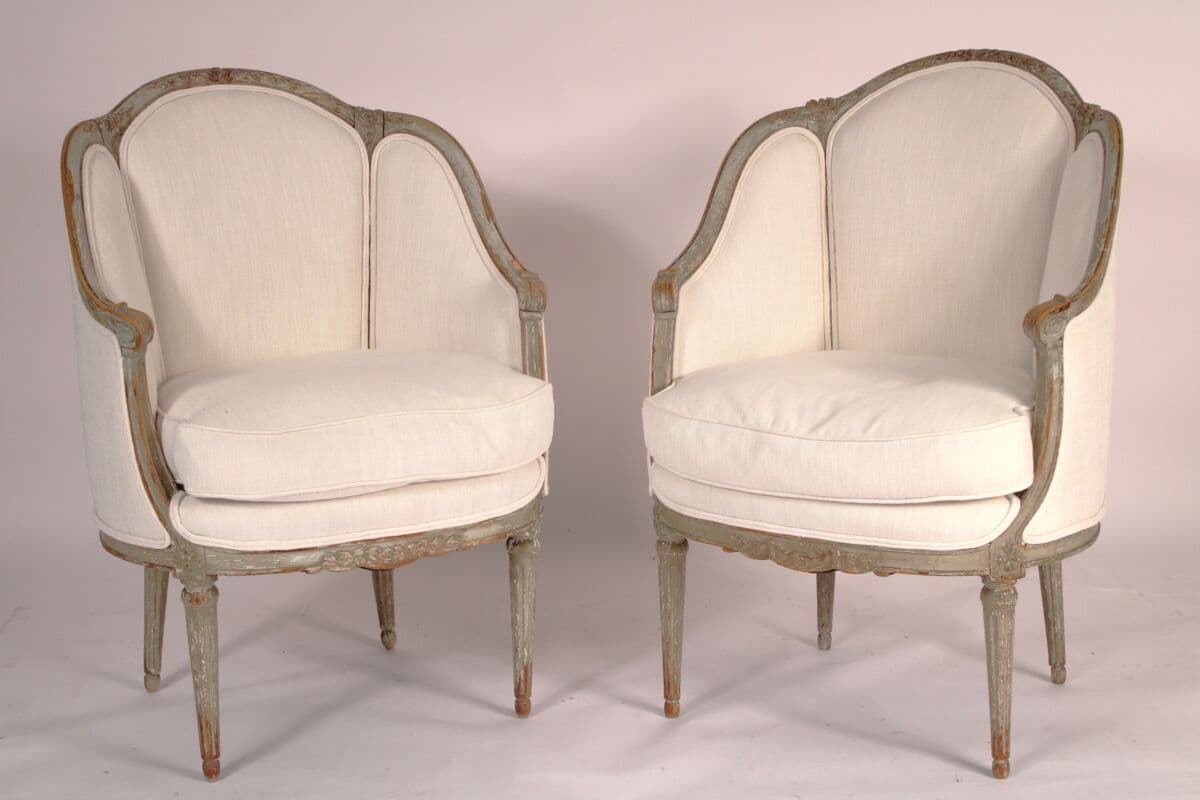 Pair of 19th Century Louis XVI Style Grisaille Painted Bergeres