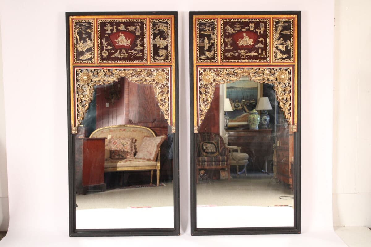 Pair of Chinoiserie Decorated and Gilt Wood Mirrors