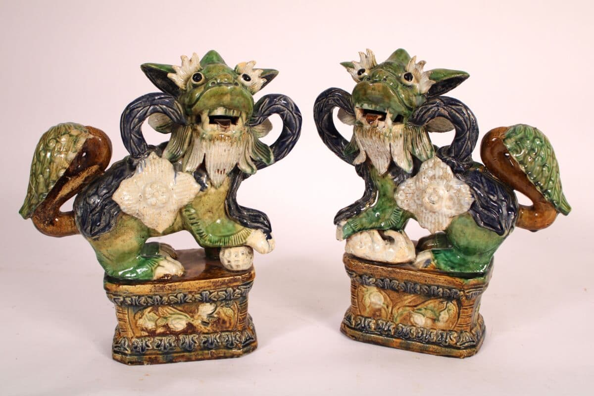 Pair of Chinese Sancai Glazed Stoneware Foo Dogs