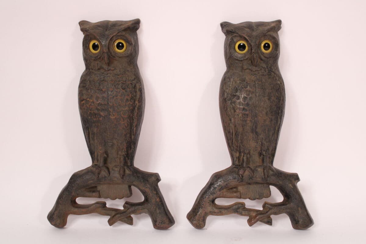Pair of 19th Century Owl Form Andirons with Glass Eyes