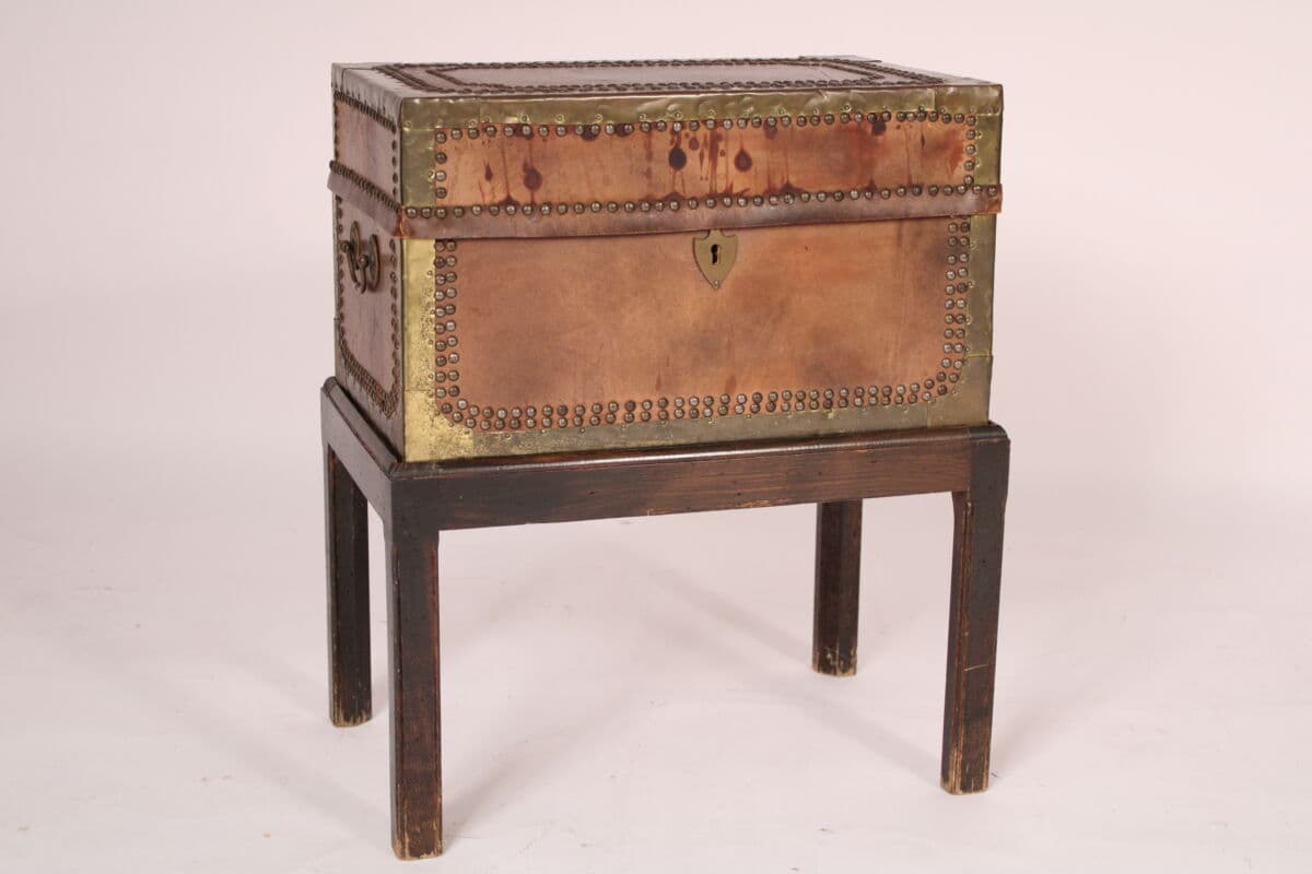 Brass Studded Leather Trunk on Stand