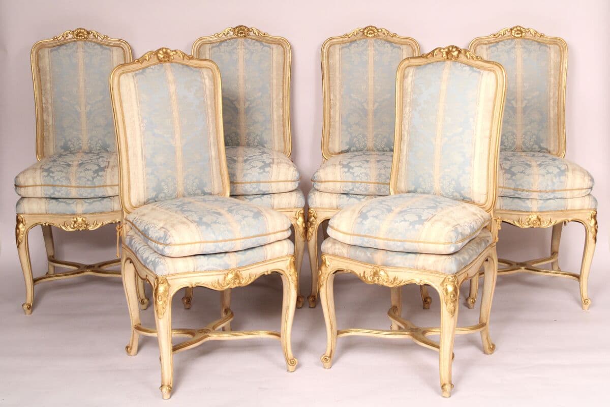 Set of 6 Painted and Gilt Decorated Louis XV Style Dining Room Chairs
