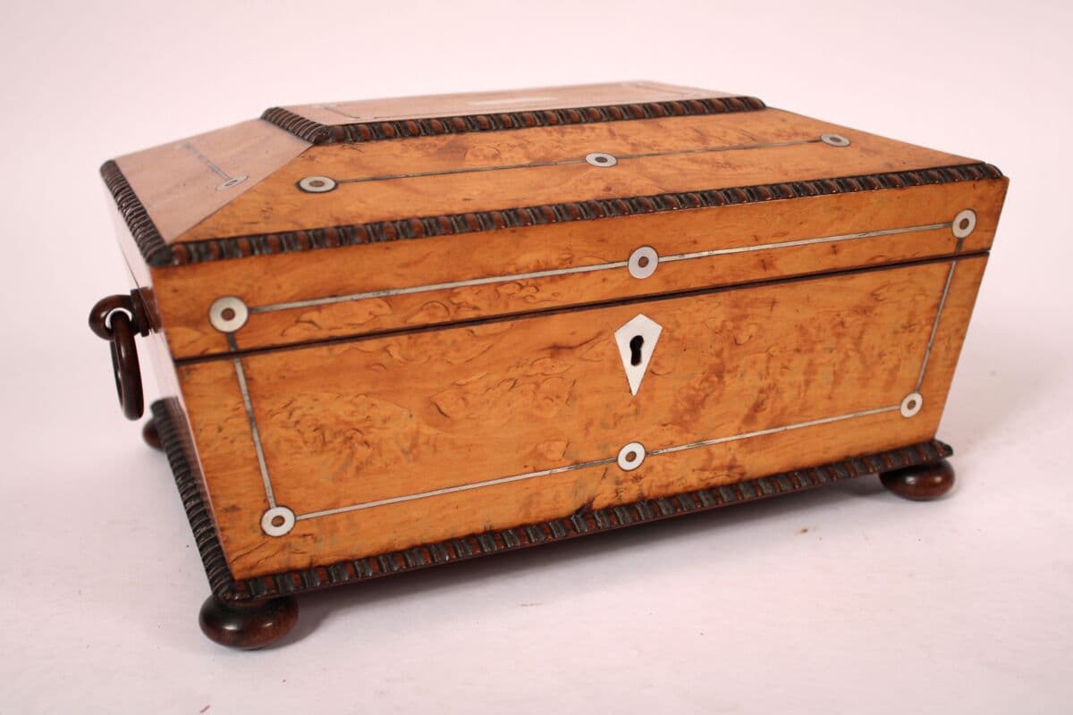 19th Century English Regency Burl Wood Sarcophagus Form Sewing Box