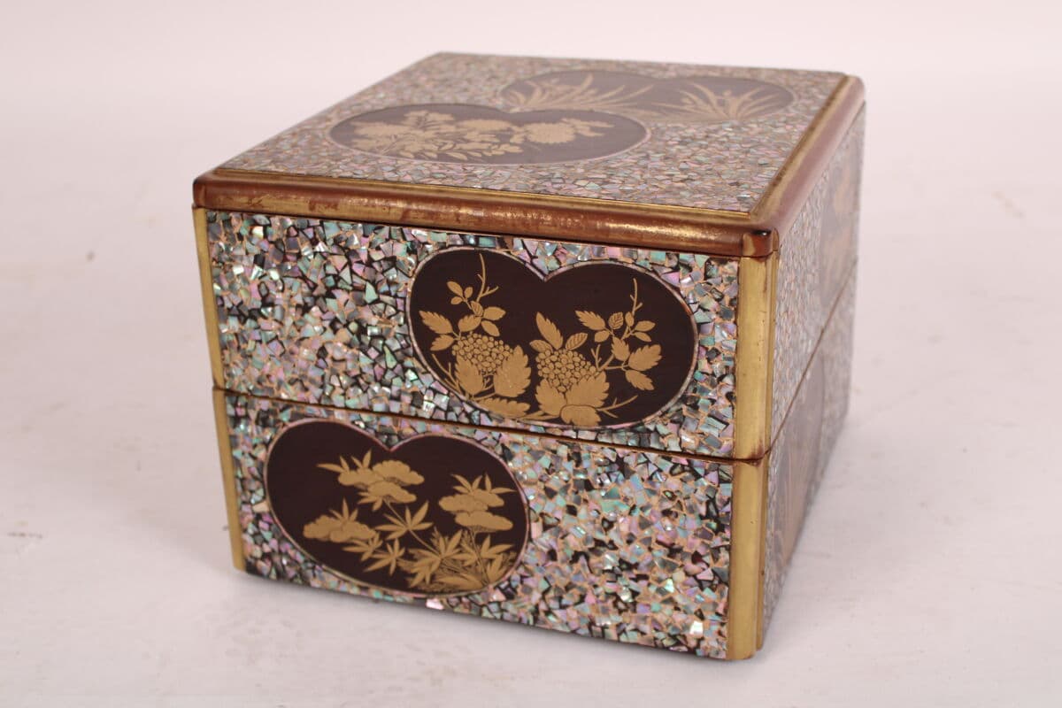 Asian Mother of Pearl Inlaid, Black Lacquer and Gilt Decorated Box