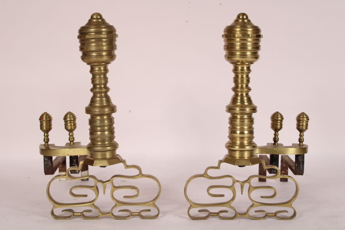 Pair of Neo Classical Bee Hive Style Brass Andirons