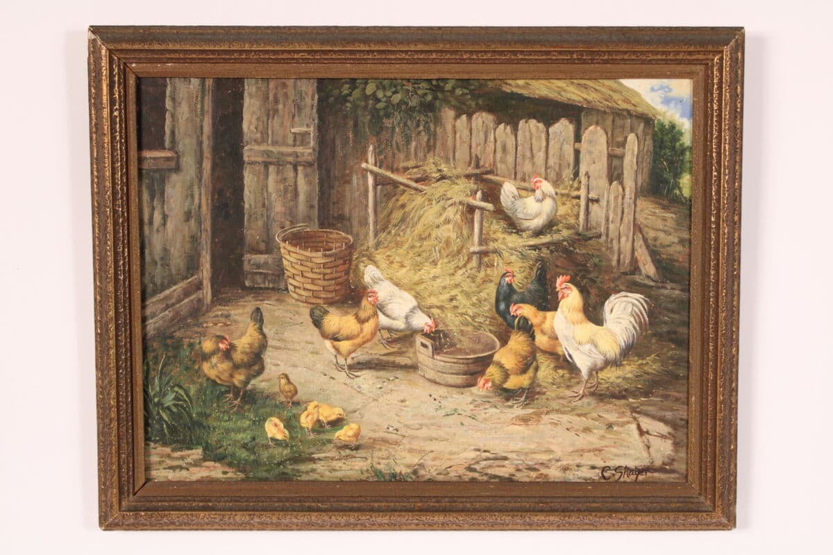 Farmyard Scene Painting with Chickens by Charles W. Shayer (1826-1914)