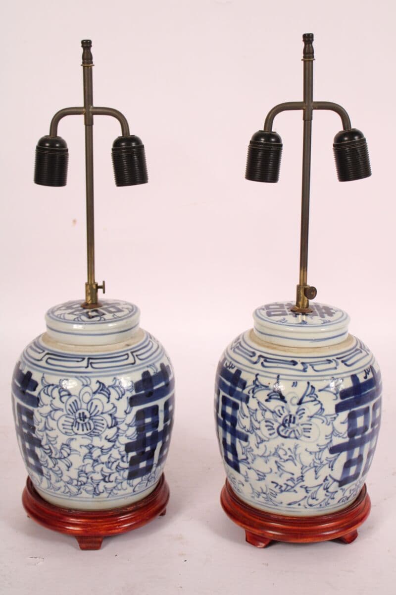 Pair of Early 20th Century Chinese Blue and White Lamps
