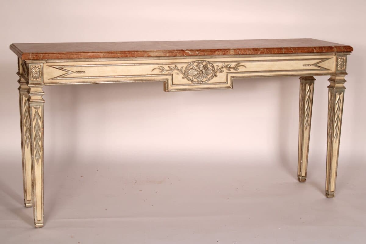 Louis XVI Style Painted and Silver Leaf Marble Top Console Table