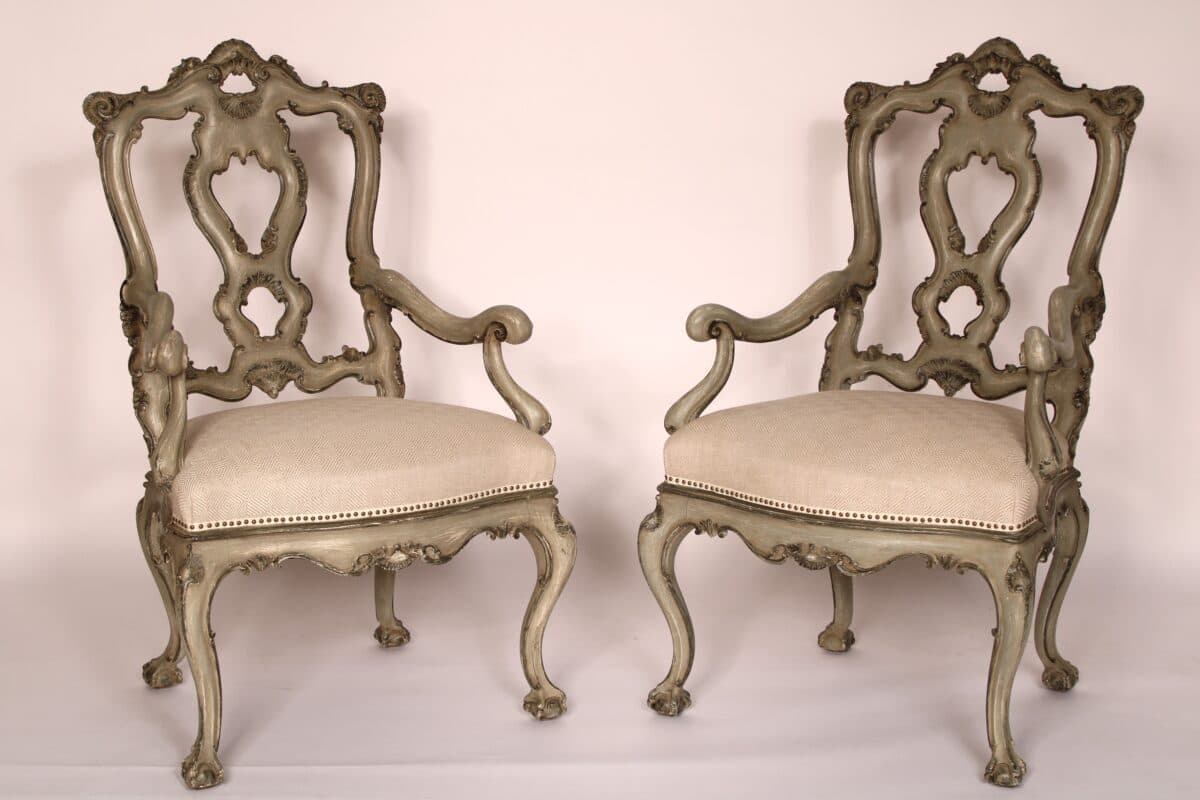 Pair of Italian Louis XV Style Grisaille Painted Armchairs