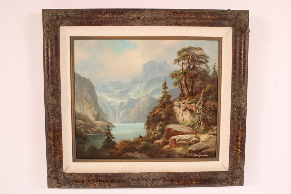 Mountain and Lake Landscape Painting by Anton Gutknecht (1907-1988)