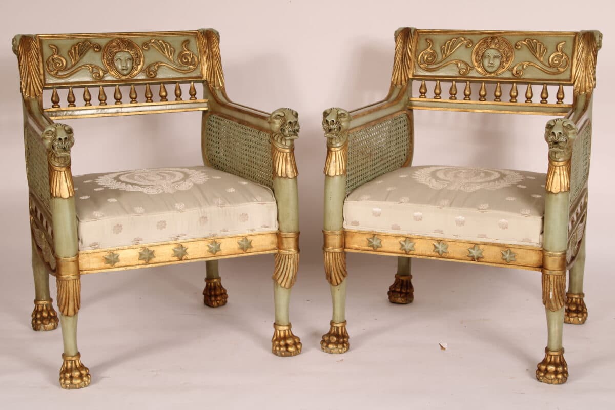 Pair of Empire Style Painted and Gilt Decorated Armchairs