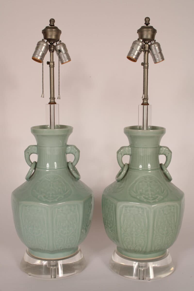 Pair of Chinese Style Celadon Lamps on Lucite Bases