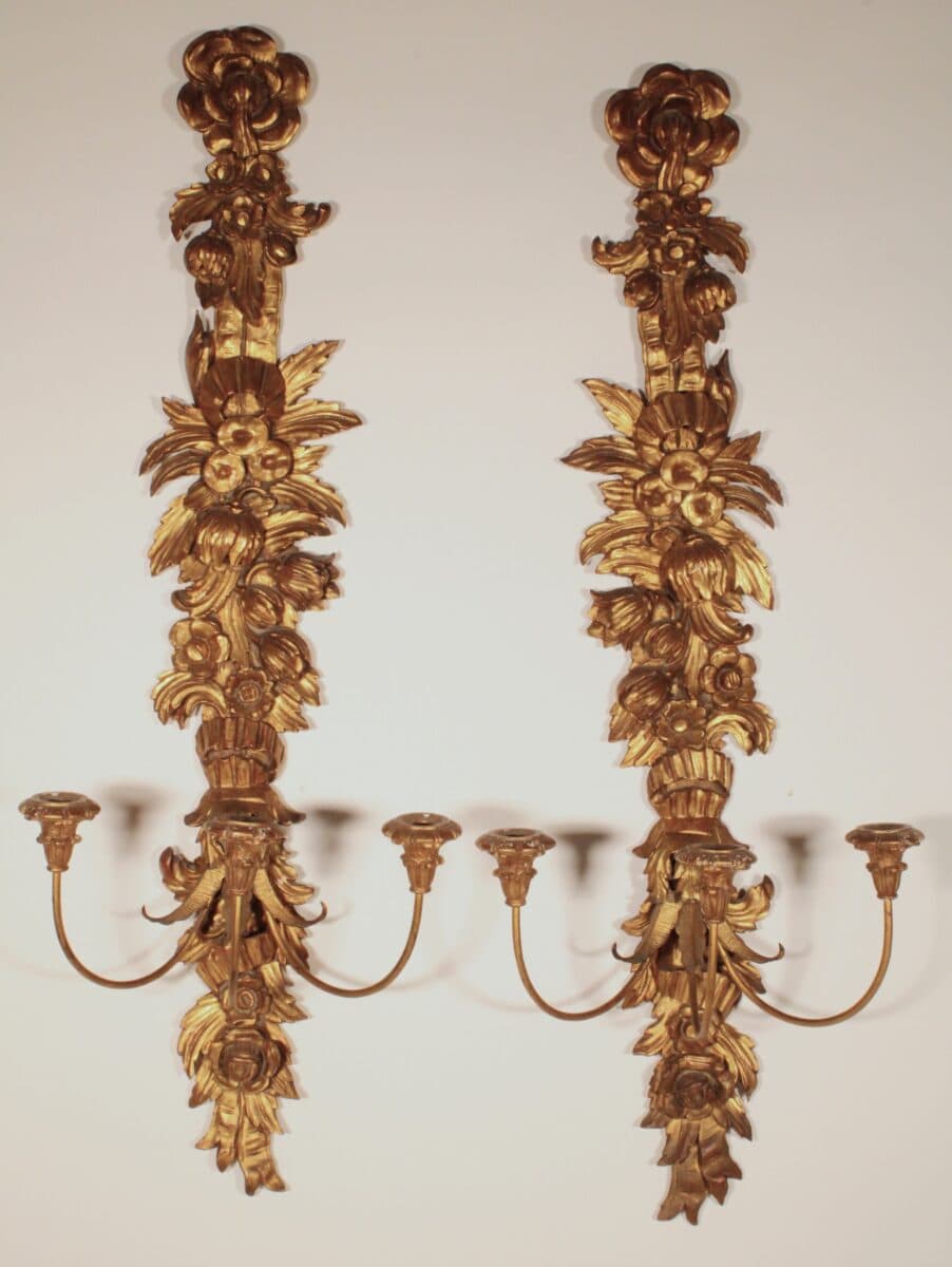Pair of 48″ Tall Italian Gilt Wood 3 Branch Wall Sconces