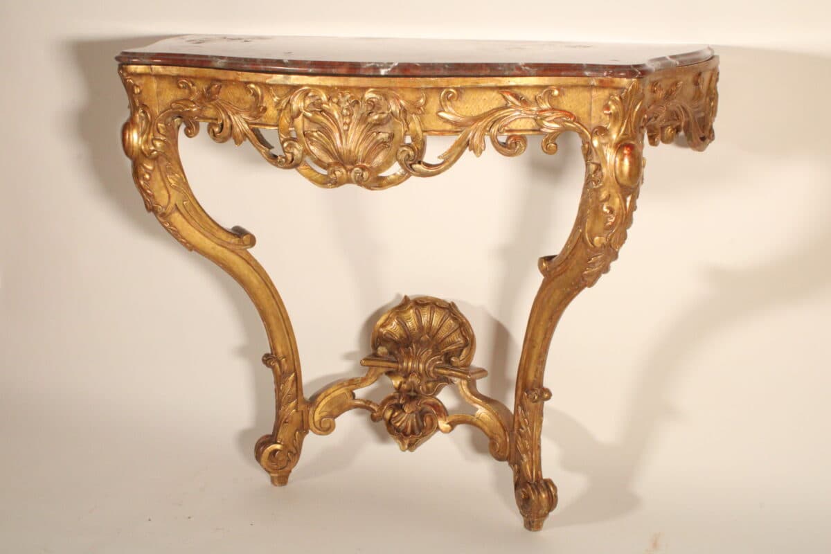 19th Century Louis XV Style Gilt Wood Marble Top Console Table