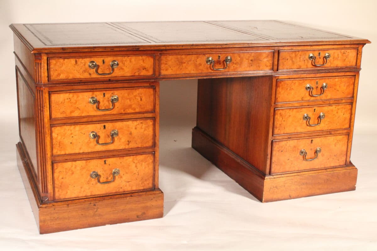 George II Style Burl Elm and Walnut Double Pedestal Desk