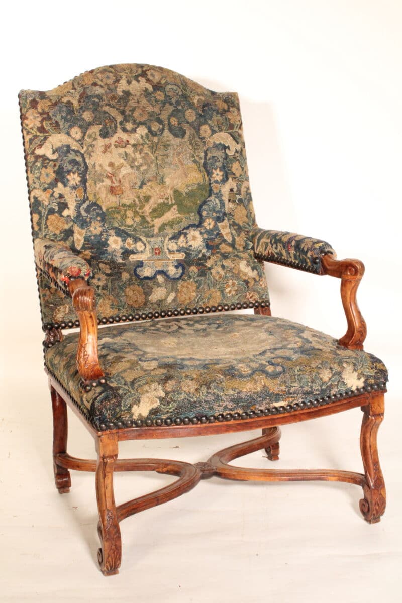 18th Century French Regence Walnut Armchair with Tapestry Upholstery