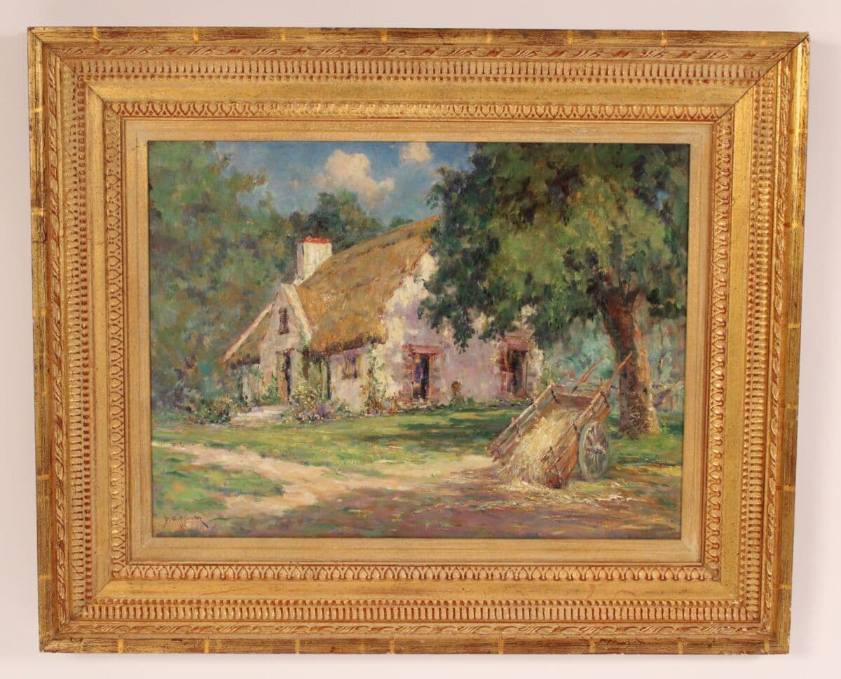Painting titled “The Old Thatched Bungalow by Dedrick Stuber (1878-1954)
