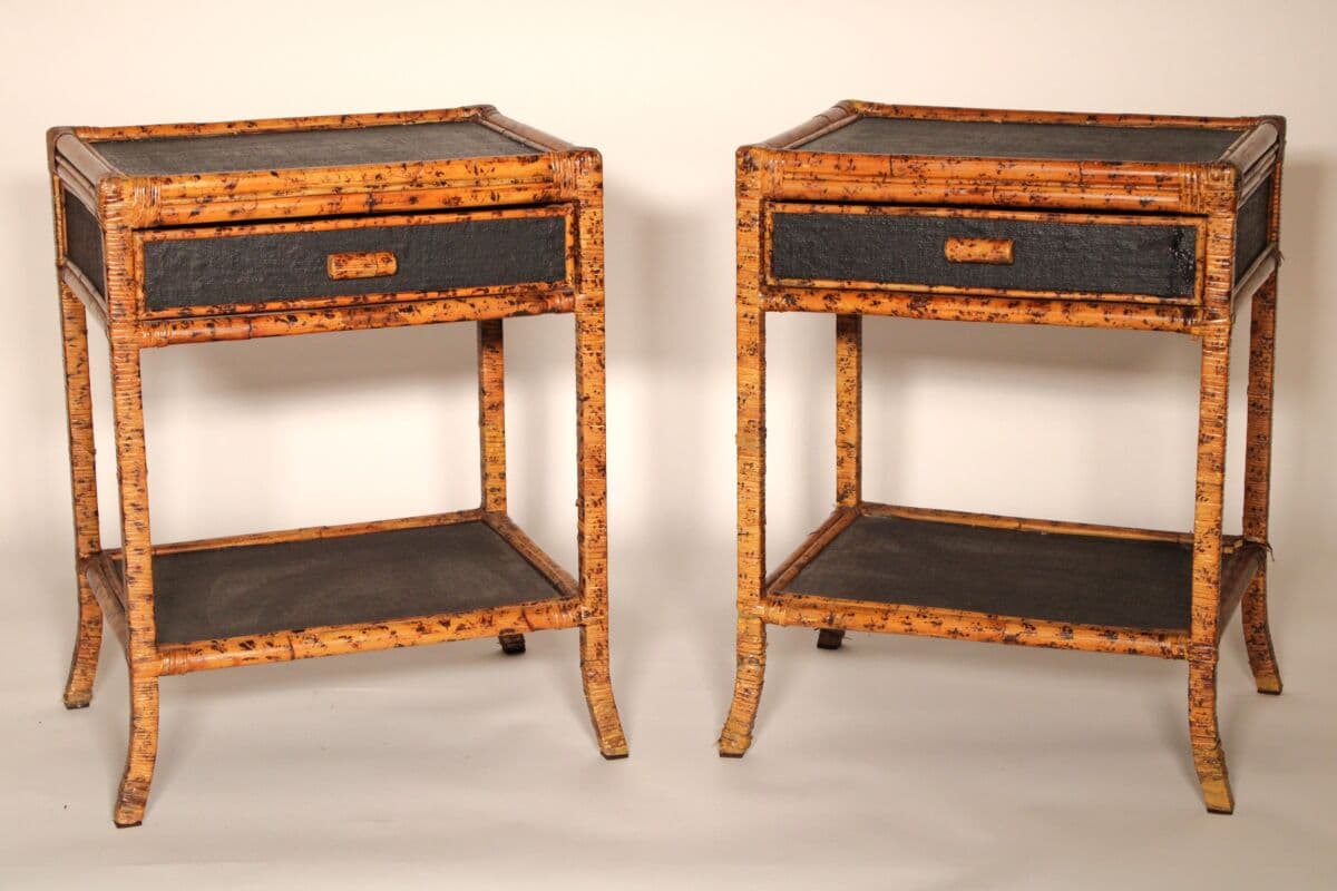 Pair of Aesthetic Movement Style Rattan Metal and Canvas End Tables