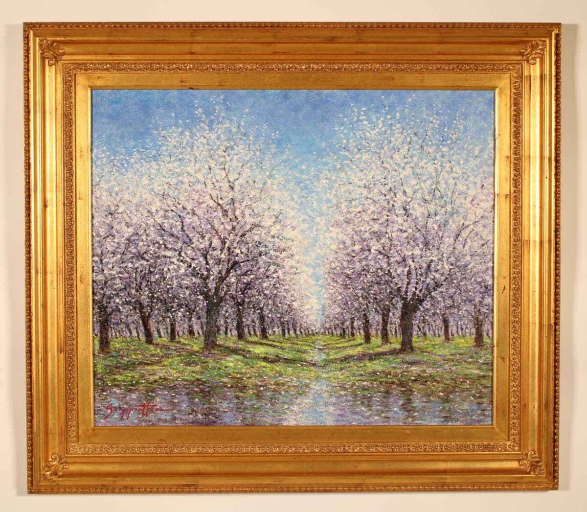 Painting of Blossoming Cherry Trees by James Scoppettone (born 1937)