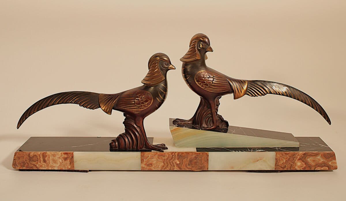 Pair of Art Deco Bronze Pheasants on An Onyx Base