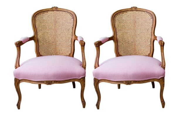 Sold - Pair French Louis XV Style Cane Back Fauteuils / Arm Chairs - Rubbish Interiors Inc.