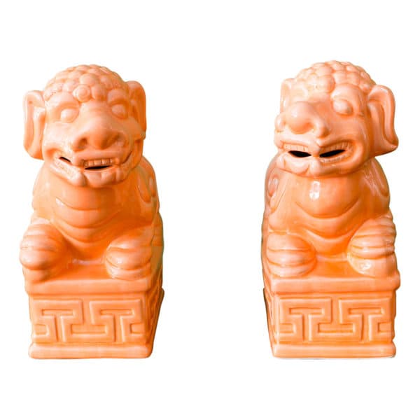 Sold - Pair Peach Ceramic Foo Dogs - Rubbish Interiors Inc.