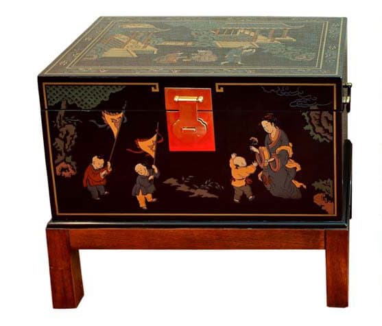 Sold - Pair of Drexel Black Chinoiserie Et Cetera Collection Storage Tables On Walnut Bases - Rubbish Interiors Inc.