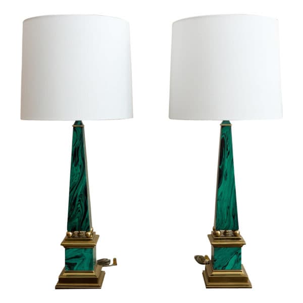 Sold - Pair Of Faux Malachite And Brass Lamps With White Linen Shades By Paul Hanson - Rubbish Interiors Inc.
