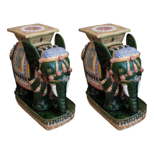 Sold - Pair of Green And Multicolor Ceramic Elephant Gardent Stools - Rubbish Interiors Inc.