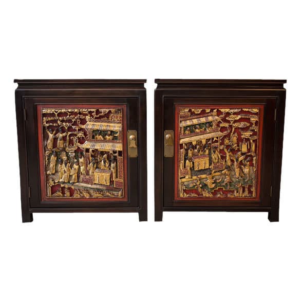 Sold - Pair of Mid-Century Walnut Cabinets / Nightstands with Asian Inset Panels - Rubbish Interiors Inc.